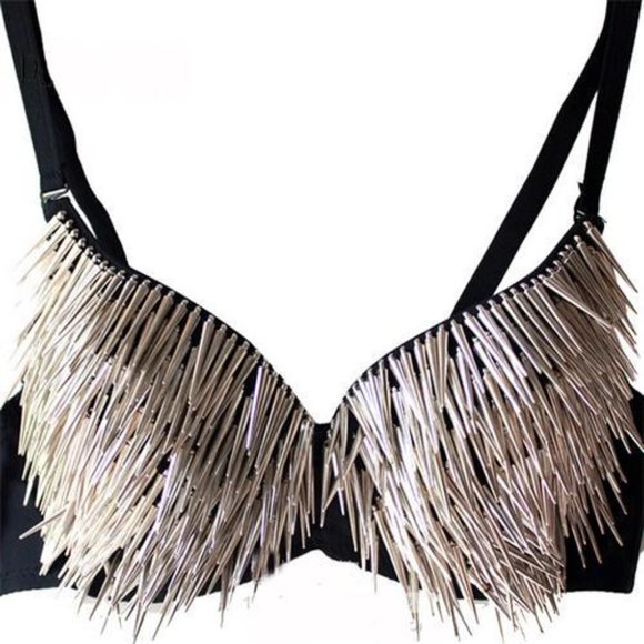 Black and Silver Rivet Stud Beaded Steampunk Rave Bra - Picture 2 of 8